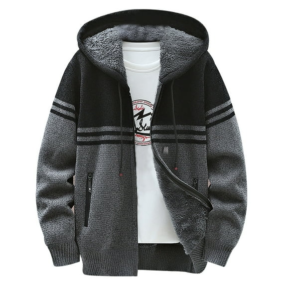 DHFJKG Men's Zip Up Hooded Sweaters Cardigan Coat With Thick Fuzzy Lining Winter Plus Size Long Sleeve Drawstring Hoodies Jackets With Pockets For Cold Weather Warm Classic Outerwear