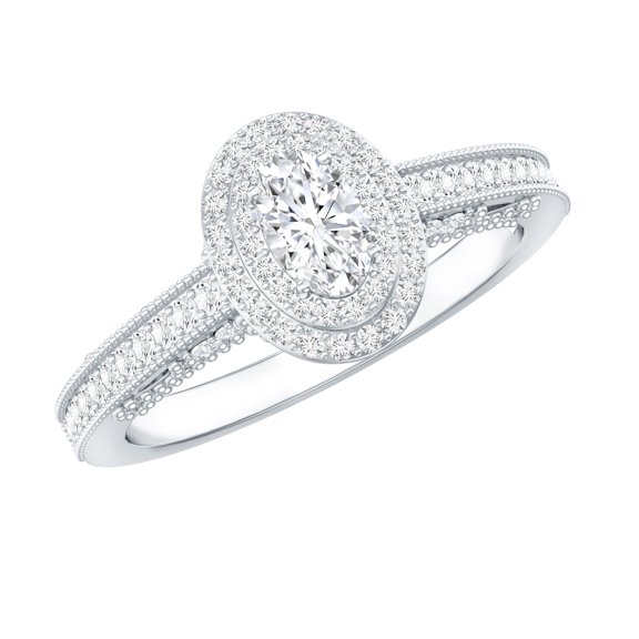 Rosec Jewels Certified Lab Grown Diamond Oval Engagement Ring for Women - Double Halo Ring - EF-VS Quality - with Jewelry Box, 925 Sterling Silver, US 4.00