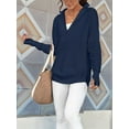thumbnail image 4 of Women'S Long Sleeve Quarter Zip Pullover Sweater Casual Loose V Neck Collared Ribbed Knit Tops Dark Blue L, 4 of 8
