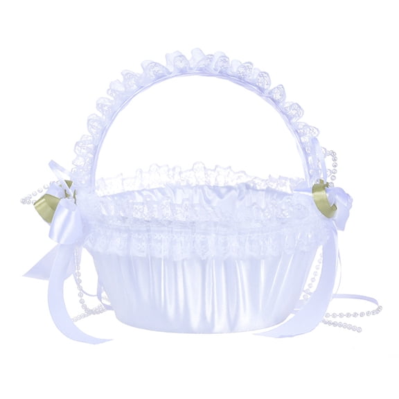 Darzheoy White Flower Girl Basket for Weddings - Flower Pedal Basket in Satin Bowknot and Pearl Design