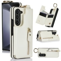 ELEHOLD for Samsung Galaxy Z Fold 4 Zipper Wallet Case Luxury Premium PU Leather with Flip Card Holders Metal Ring Holder Magnetic Button Shockproof Wallet Stand Case for Samsung  Z Fold 4 - White