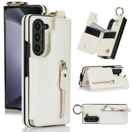 ELEHOLD for Samsung Galaxy Z Fold 5 Zipper Wallet Case Luxury Premium PU Leather with Flip Card Holders Metal Ring Holder Magnetic Button Shockproof Wallet Stand Case for Samsung Z Fold 5 - White