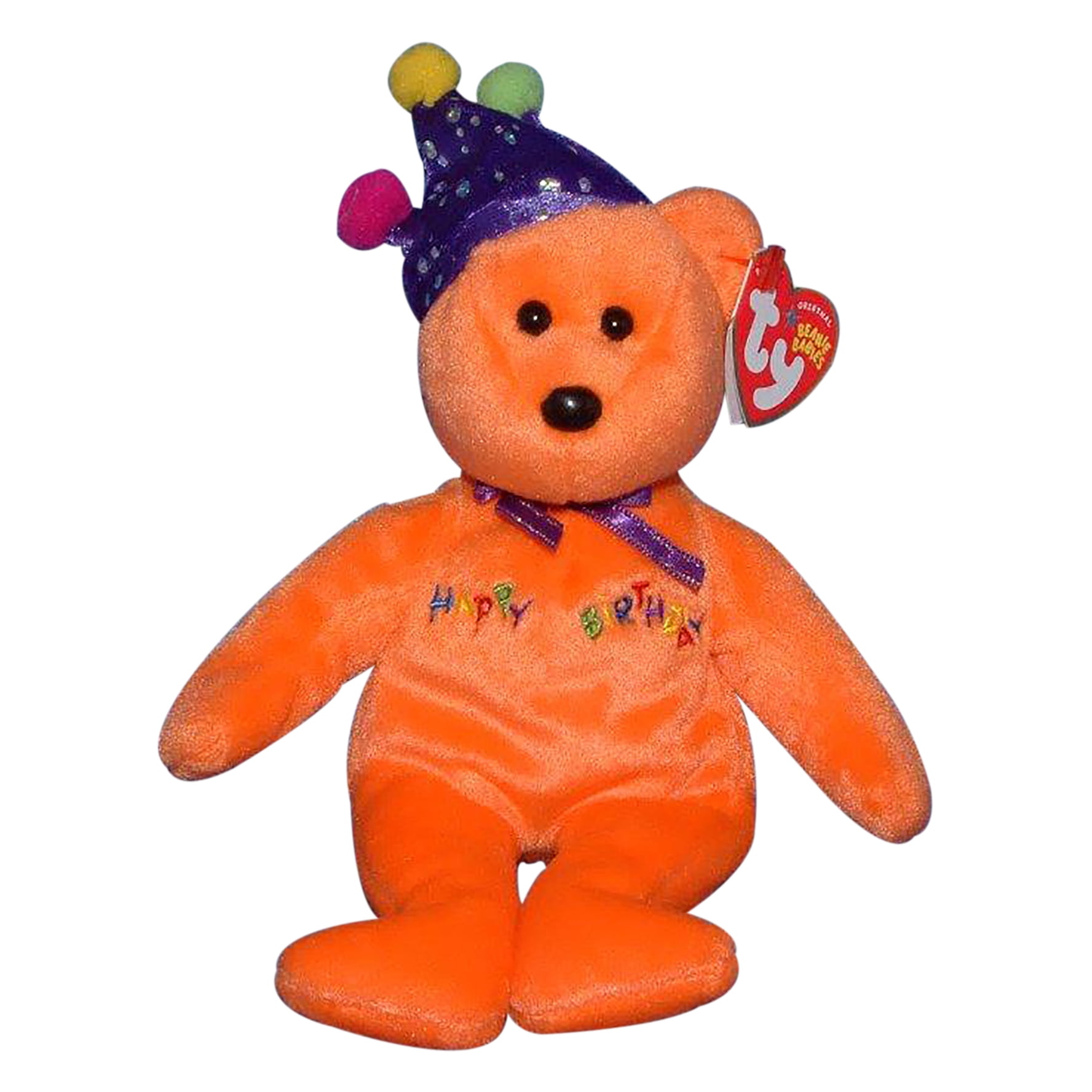 Ty Beanie Baby: Happy Birthday the Bear - Orange - Candle Hat | Stuffed Animal | MWMT's