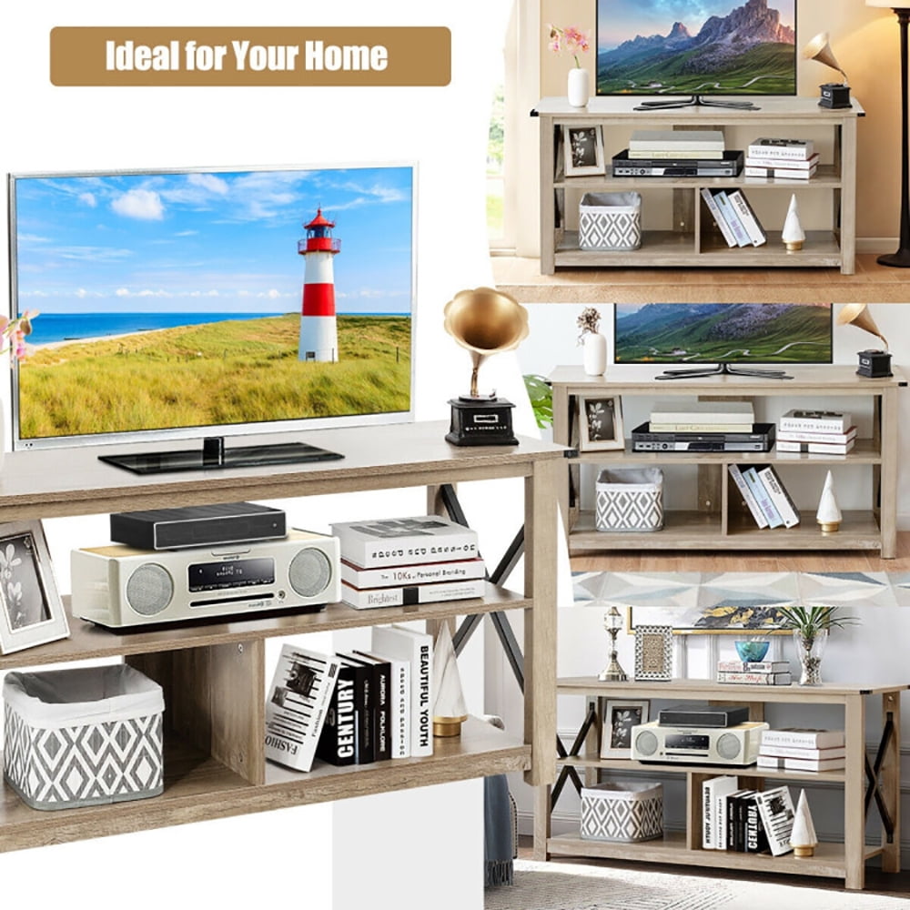 Finihen TV Stand, TV Cabinet, 3 Tier Wood TV Stand for 55-Inch with Open Shelves and X-Shaped Frame, Media Entertainment Center with Storage, for Living Room, Bedroom, Gray