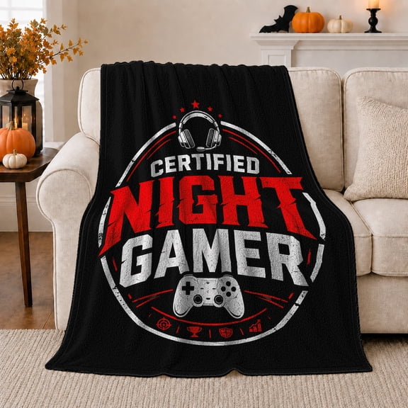 Certified Night Gamer Emblem, Festive Holiday Scene, Warm Flannel Blanket for Living Room and Reading Nook with Detailed Artwork, Art Lovers Christmas Gift, Festive Home Decor