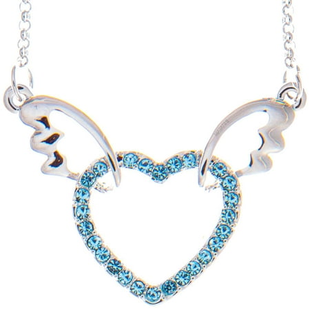 Rhodium Plated Necklace with Winged Heart Design with a 16 Extendable Chain and High Quality Ocean Blue Crystals by Matashi