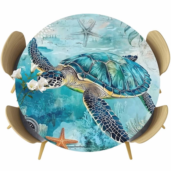 Round Fitted Tablecloths with Elastic Edge Marine Sea Turtle Starfish Coral Oil-Proof Waterproof Wipeable Table Cover for Kitchen Dining Party Decor Retro Nautical Compass Map Table Clothes,36" - 44"