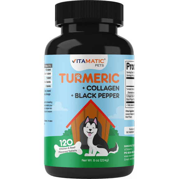 Vitamatic Turmeric for Dogs – 120 Chewable Tablets – Curcumin, Collagen & Black Pepper – Hip & Joint Support for Dogs