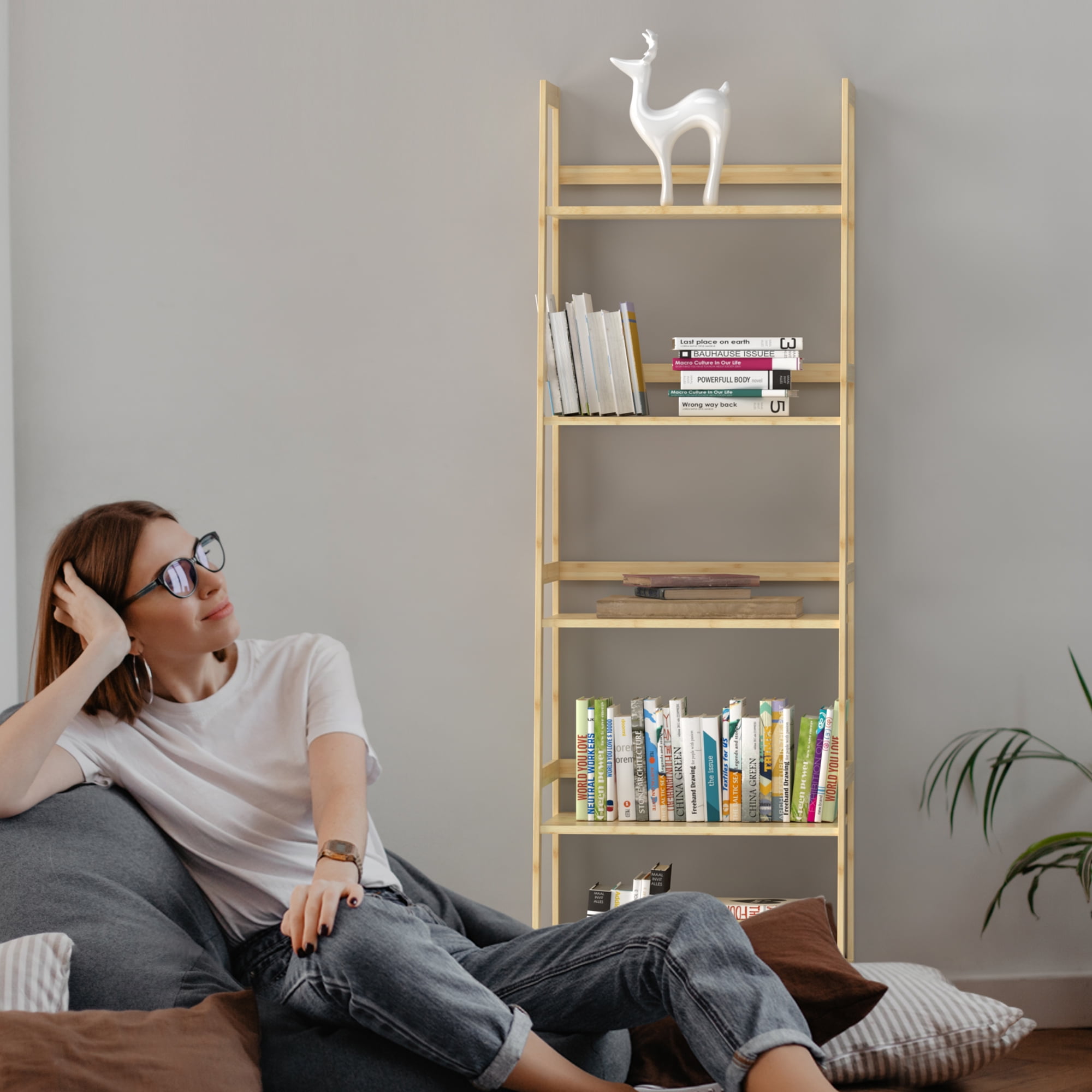 Kadyn 5-shelf Ladder Bookcase, Plant Flower Stand, Freestanding Bamboo Frame Storage Rack Shelf, Wood Color