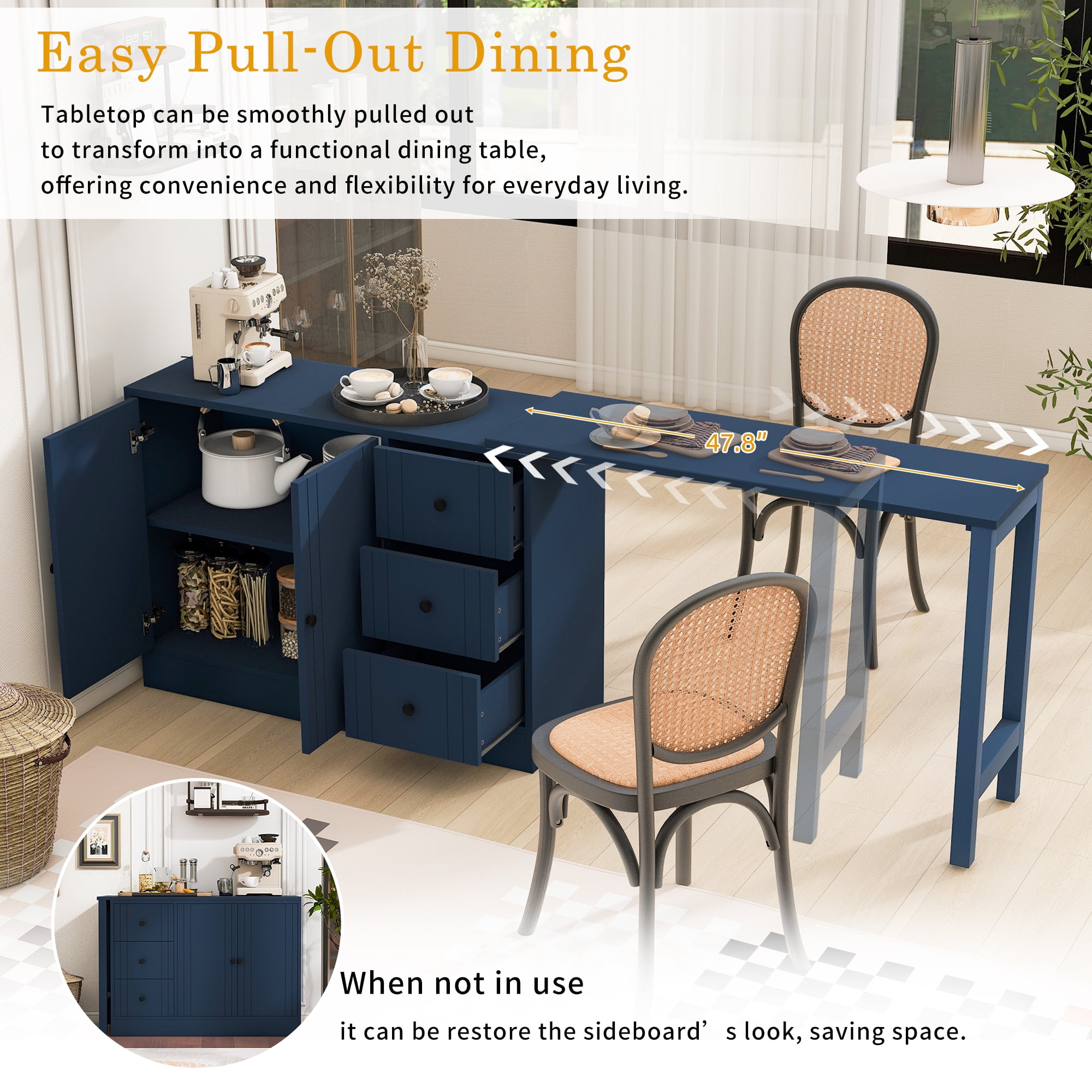 Aukfa Space-Saving Sideboard with 47" Extendable Dining Table,Buffet Cabinet for Kitchen Dining Living Room,Blue