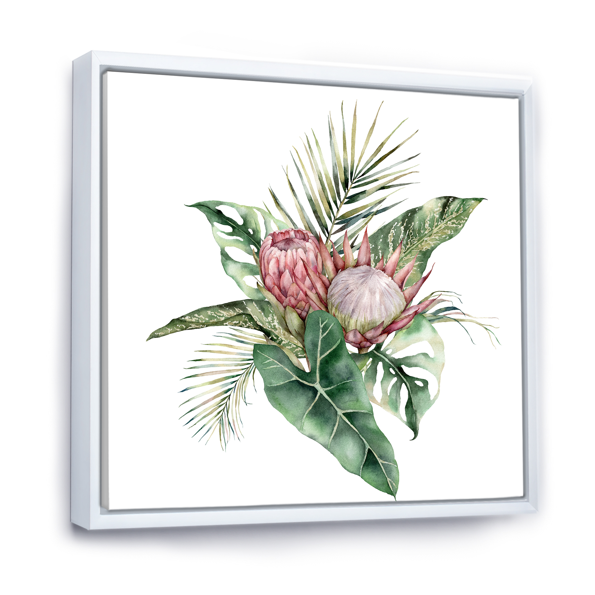 Designart 'Queen Proteas Palm & Monstera Leaves' Traditional Framed Canvas Wall Art Print