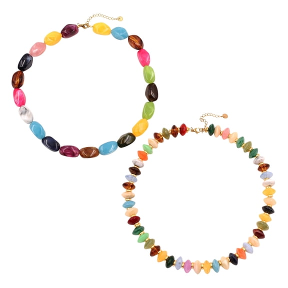 Style-Carry 2 Packs Multicolor Irregular Stone Beaded Necklaces, Adjustable Rainbow Acrylic Choker Neck Jewelry for Women Daily Wear