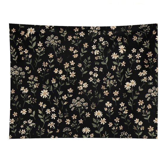ZFLMY Beige White Daisy Wildflower Seamless Pattern On Black Background Tapestry, Polyester Print Wall Hanging Tapesties for Bedroom Dorm Living Room, Aesthetic Home Decor for Adults And Family