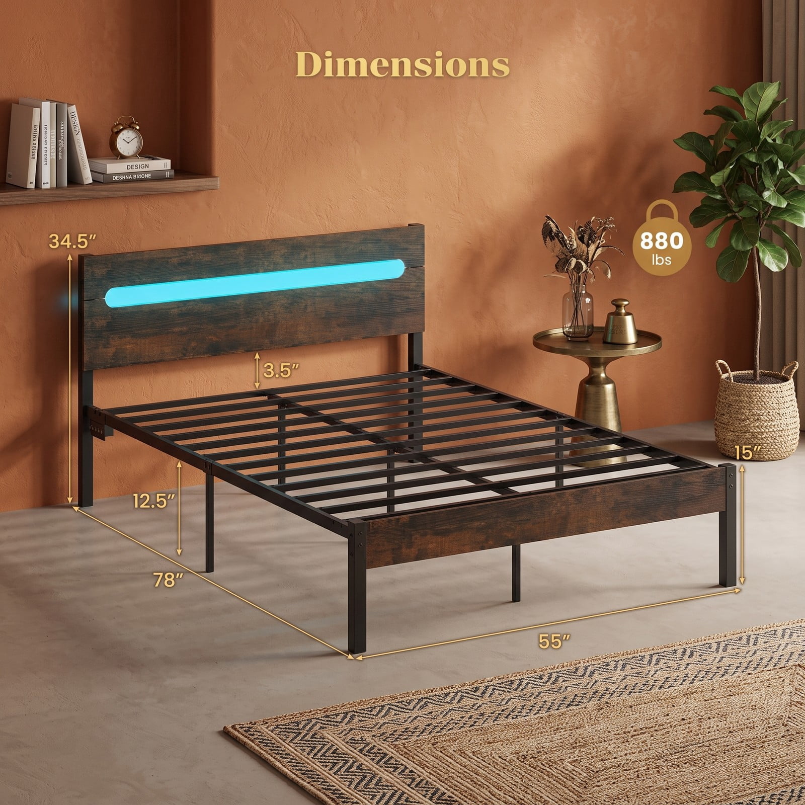 Furnibear Full Size Bed Frame Metal Platform Bed Frame with LED Lights Wood-Grain Headboard and USB Charging Station, Rustic Brown
