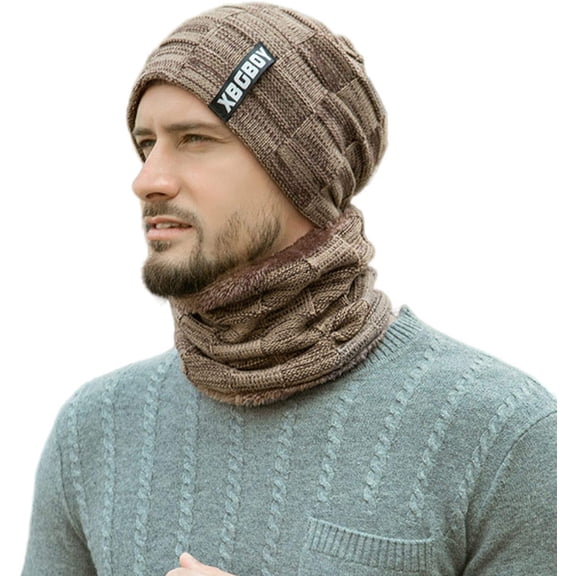 2 Pieces Winter Warm Hat Scarf Set Knit Thick Beanie Scarves Knitted Cap for Men