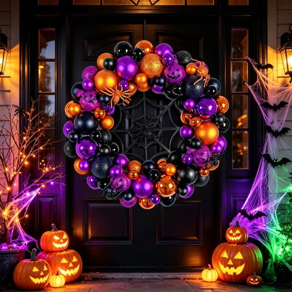 Godance 16 Inch Purple Halloween Spider Ball Wreath for Front Door, Halloween Treat-or-Trick Door Wreath Plastic Ball Ornament for Halloween Indoor Decorations Centerpiece Party Holiday Wall Decor