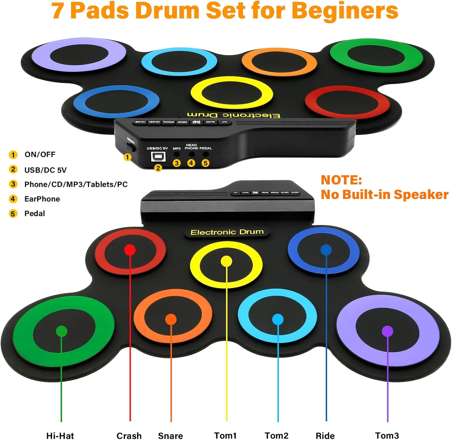 Portable Electronic Drum Set - 7 Pads Roll up Drum Practice Pad with Pedals & Stick, Jack in Drum Set Kit for Kids and Adults, Great Holiday Christmas & Birthday Gift