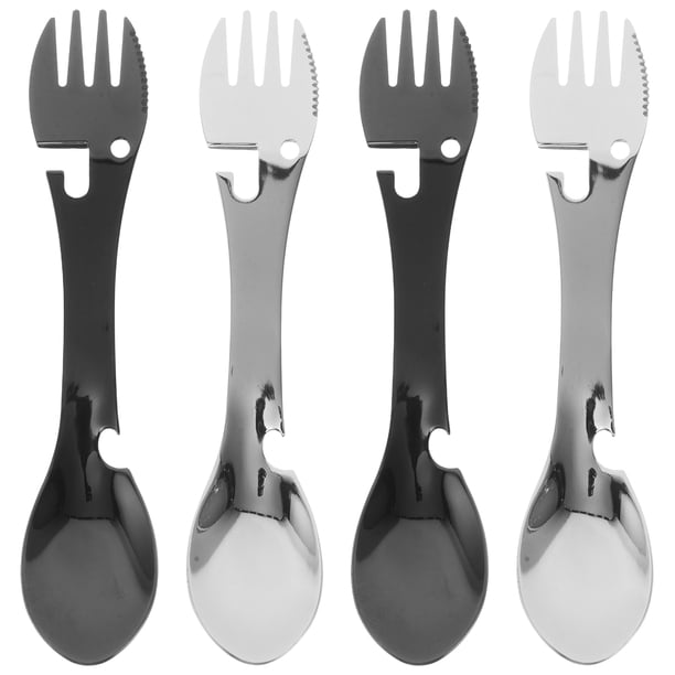 4 tenedores/cucharas portátiles de acero inoxidable, multifuncionales, con abridor de botellas, tenedor, cuchillo y cuchara, reutilizables, para exteriores, para acampar y viajar