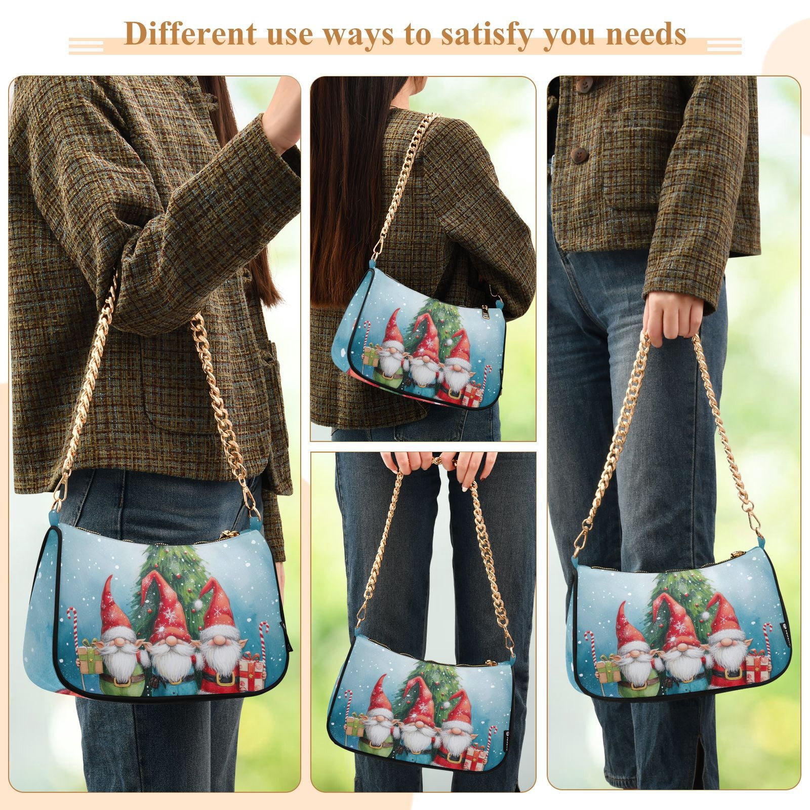 Gnomes Christmas TreesWomen Small Shoulder Bag Crossbody Tote Hobo Bags Purse Clutch Handbags with Chain Strap for Women