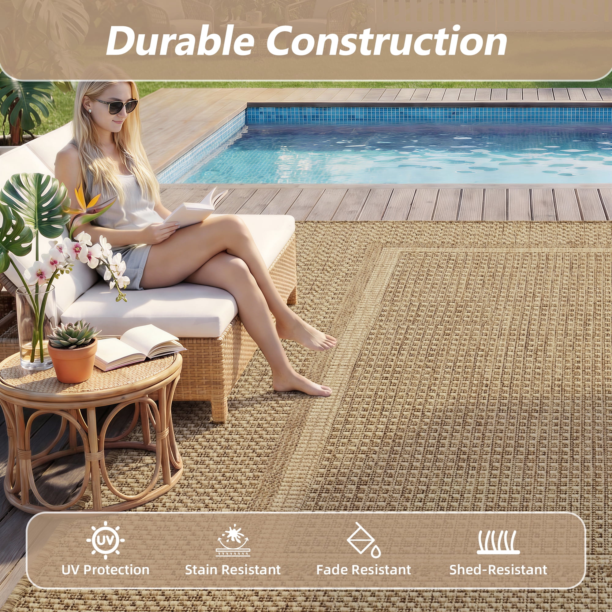 SIXHOME Outdoor Rugs 8'x10' Patio Rug Modern Bordered Indoor Outdoor Rugs Polypropylene Washable Non Shedding, Easy Clean, Waterproof, Durable Outdoor Carpet for Porch Balcony Deck Neutral Brown