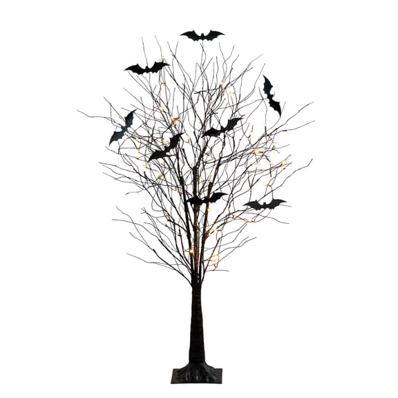 Nearly Natural Pre-Lit Artificial Halloween Twig Tree with Bats - 5' - Warm White LED Lights