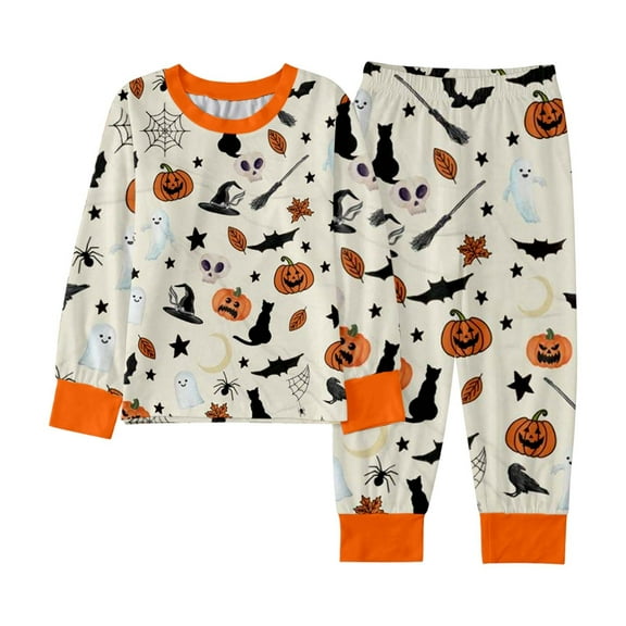 MEZZALL Halloween Kids Pajamas Sets Cozy Themed Crew Neck Long Sleeve Tops And Pants Two Piece Sleepwear Soft Nightwear