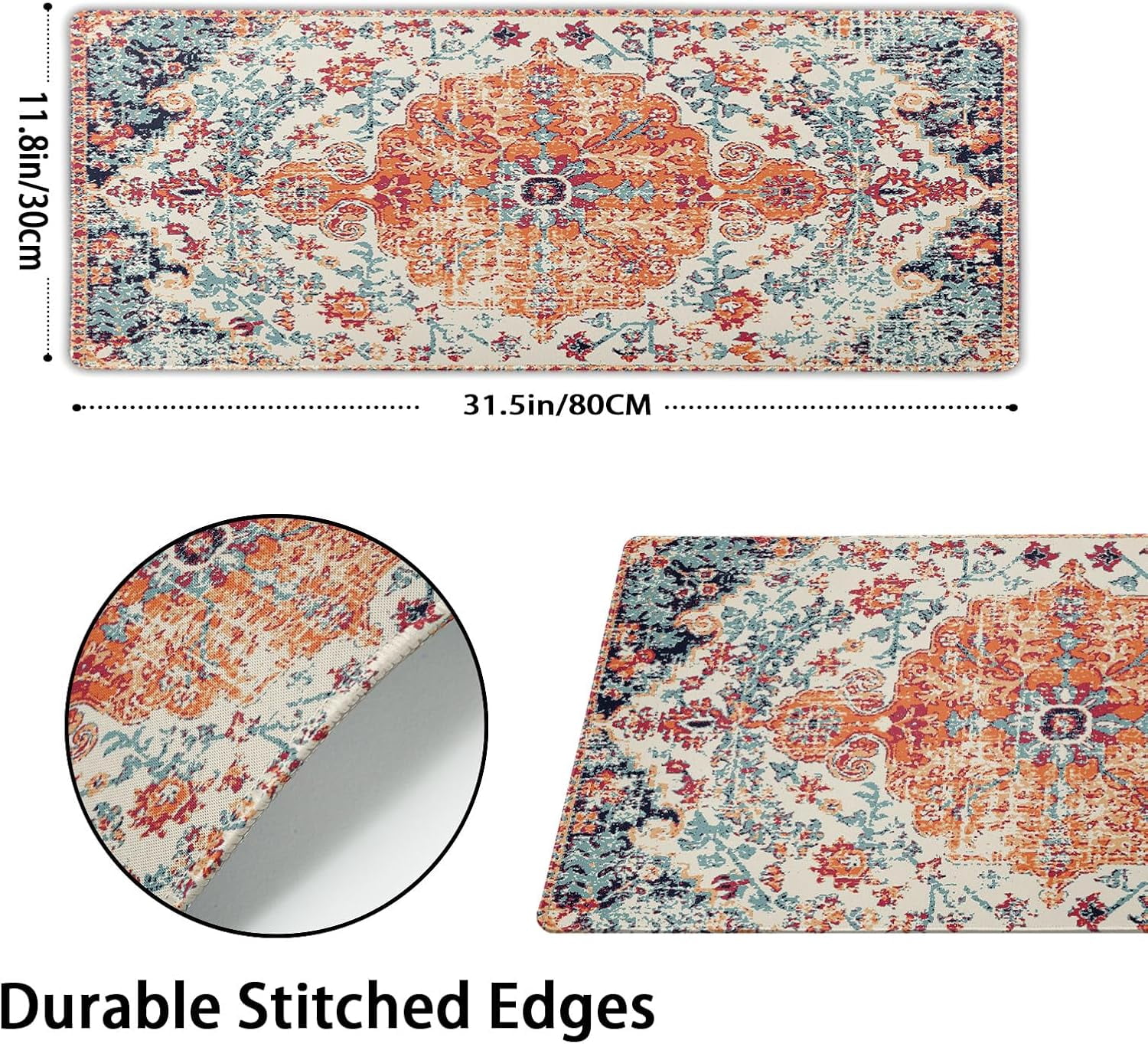 Orange Teal Boho Gaming Mouse Pad - XL Rug Carpet, Bohemian Retro Extended Large Desk Mat, Non-Slip Rubber Base, Stitched Edge, Long Desk Pad for Desktop Office PC Gamer, 31.5x11.8in
