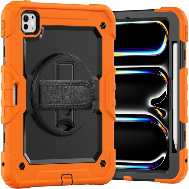 Funda para iPad Pro de 11 pulgadas (M4) 5.ª generación 2024, funda protectora resistente a los golpes con protector de pantalla, soporte giratorio de 360°, correa para mano/hombro