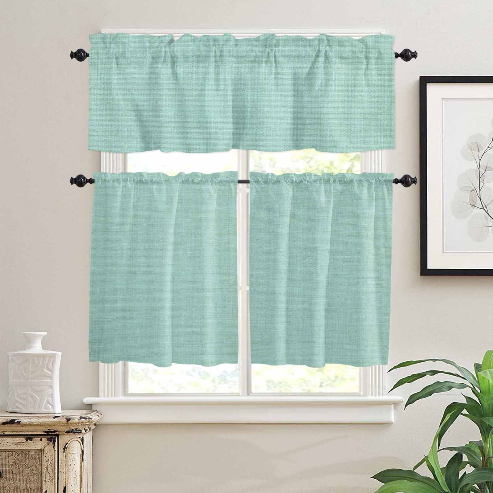 Mint Green Kitchen Curtains Valances and Tiers Solid Color Retro Linen Tier Curtains and Valance Rod Pocket Valance Curtains Set for Kitchen Bathroom Small Windows 27.5"W x 24"L, 3pcs