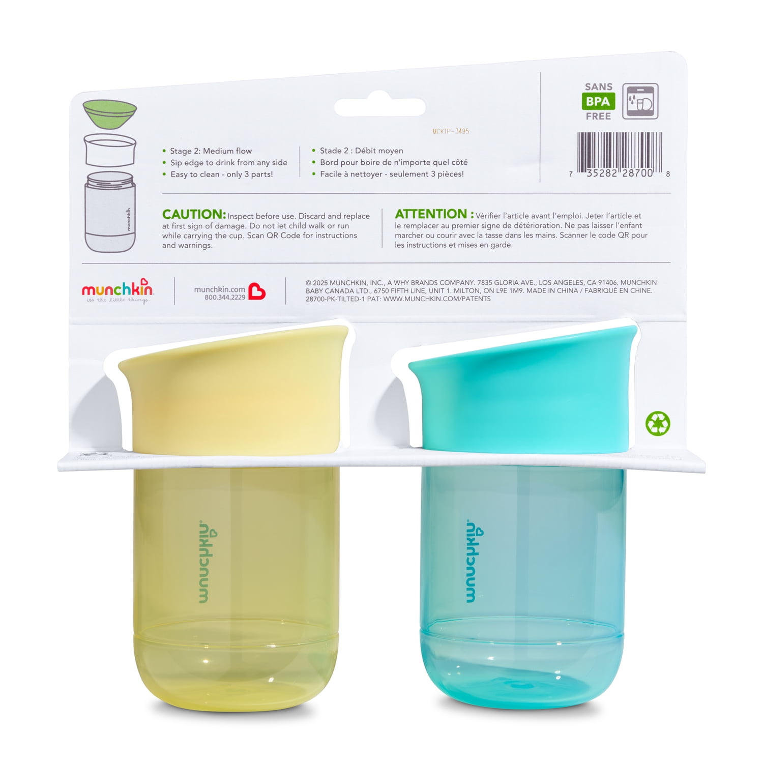 Munchkin Miracle 360 Spoutless Spill-Proof Cup, Medium Flow, 10 oz, Unisex, 2 Pack (Blue/Yellow)