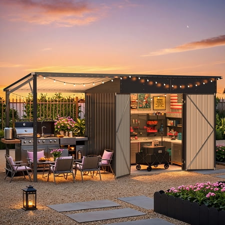 AECOJOY Outdoor Open-Sided Storage Shed, 8x6 Sheds & Outdoor Storage with 56 Sq. Ft Covered, 2-in-1 Tool Shed with Attached Hardtop Metal Pergola Gazebo