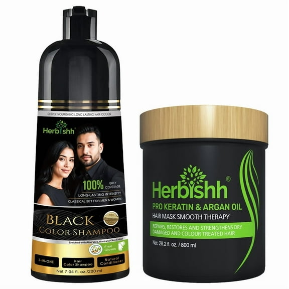 Herbishh Black Shampoo, Hair Dye Shampoo 3 in 1, 100% Grey Coverage, Demi-Permanent Hair Color for Men & Women, With Hair Mask Cream Combo