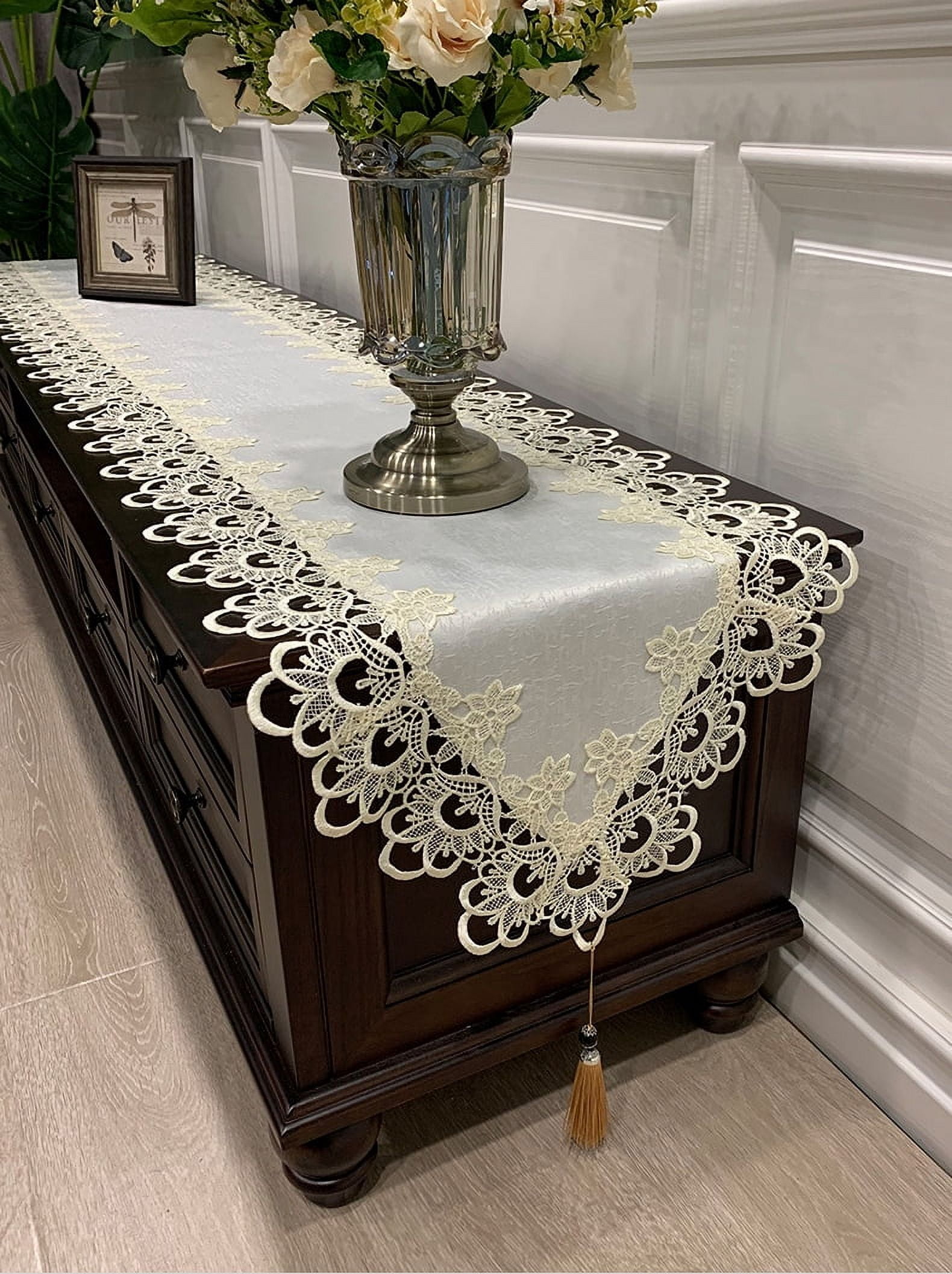 American Style Table Runner - 16x63 Inch Lace Embroidered Rectangular Cover for Coffee Table, TV Stand & Dresser, Dustproof European Linen Tablecloth (Beige & White)