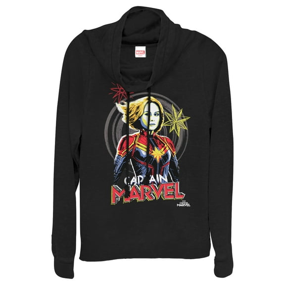 Junior's Marvel Captain Marvel Sketch Profile  Cowl Neck Sweatshirt Black 2X Large