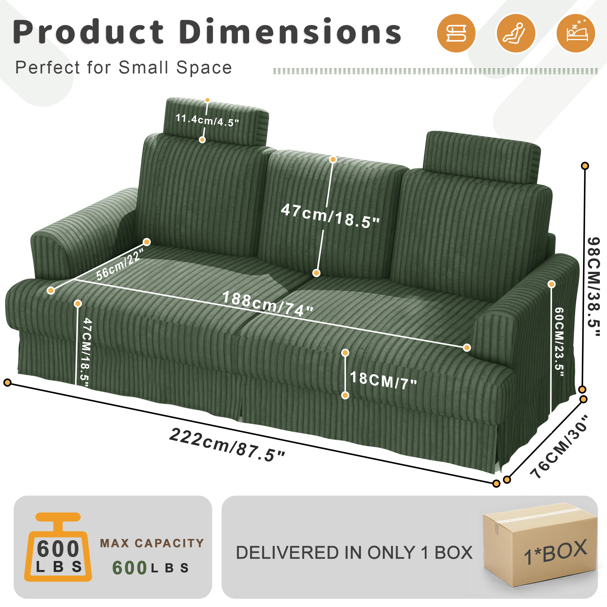 87.5" Corduroy Sofa Couch for Living Room, 3 Seater Sofa in a Box, Headrest, 2 Pillows,Green