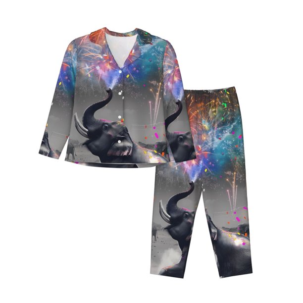 Fotbe Elephant Fireworks Celebration Conjunto de Pijama de Manga Larga para Mujer con Estampado, Ropa de Dormir de 2 Piezas, Conjunto de Casa Suave y Cómodo con Bolsillos-XX-Large