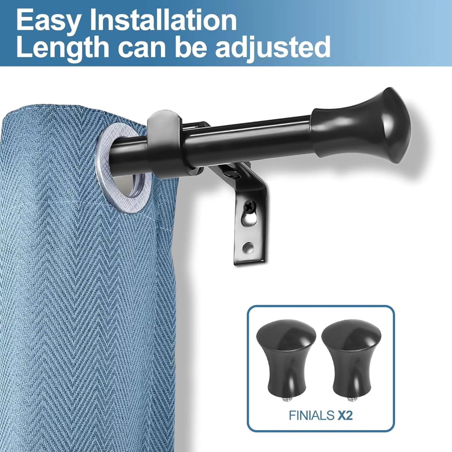 Urbanest Adjustable Single Curtain Rod Set Buckingham Finials – 5/8-Inch Diameter, With Black Rod, 48–84 Inches