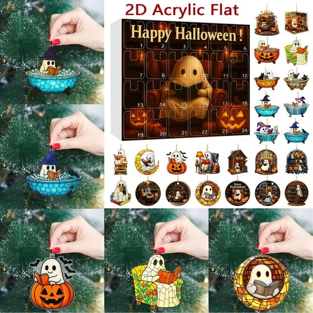 (2 Pack) Countdown Sets Halloween 2D Reading Ornament Set Festive Acrylic Calendar Decoration for Trees and Celebrations