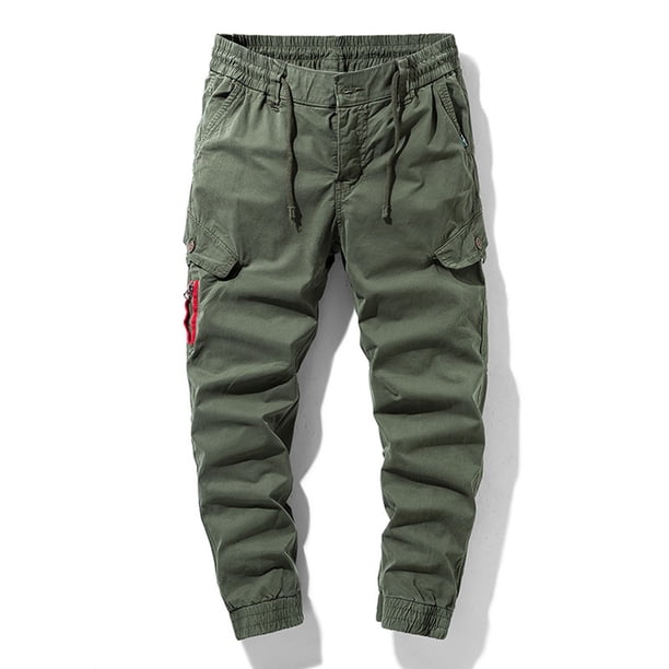 Pantalones largos de moda para hombre, casuales, de color sólido, cargo, con bolsillos y cremallera, cintura elástica, pantalones largos de algodón para hombre.