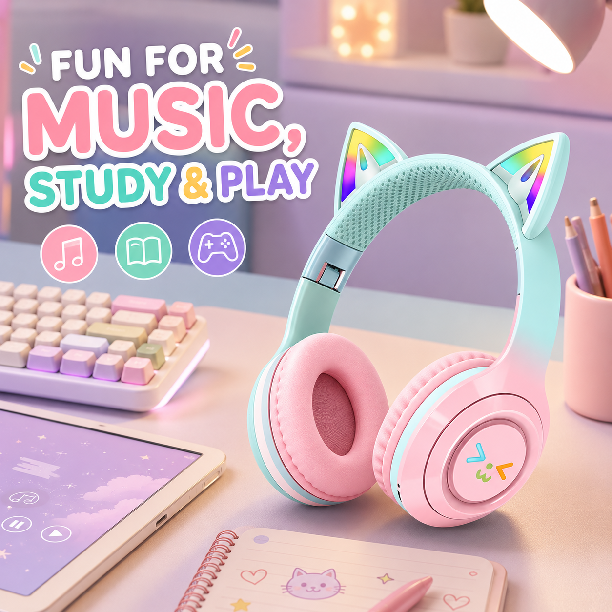 RNKR Kids Wireless Cat Ear Headphones with LED Lights, Pink photo 5