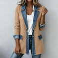 thumbnail image 2 of Hsovts Denim Blazer for Women Patchwork Winter Fall Collared Jacket Knit Long Sleeve Denim Cuffs Button Down Lightweight Loose Outerwear Khaki L, 2 of 10