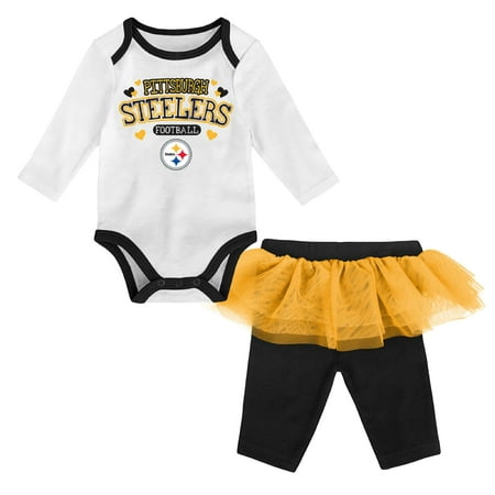 Girls Newborn & Infant White/Black Pittsburgh Steelers Tulle Long Sleeve Bodysuit & Pants Set