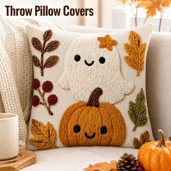 Halloween Cute Ghost Pillow Covers, Soft Textured Throw Cushion Cases for Couch, Sofa, Bed, and Living Room Decor,1Pcs