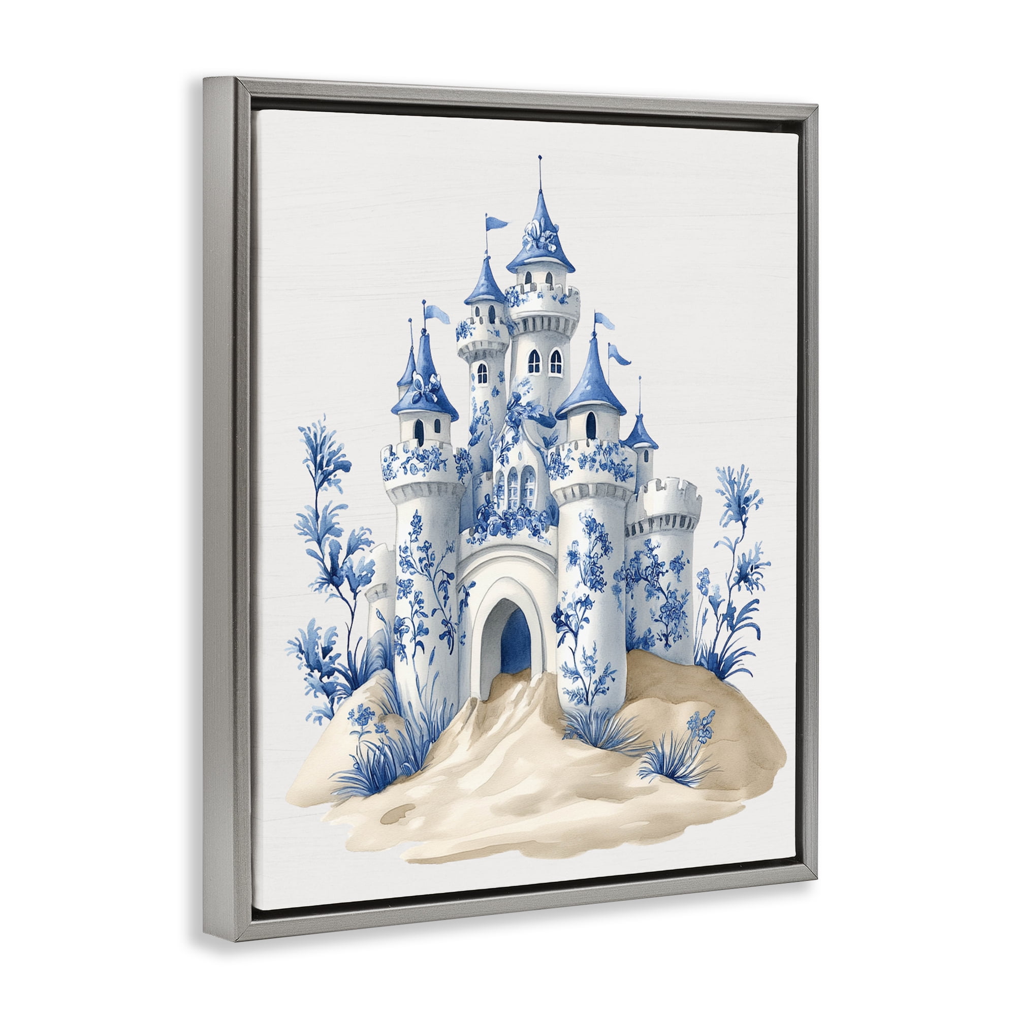 Funky Toile Castle Gray Framed Floater Canvas Wall Art, design by Lettered and Lined