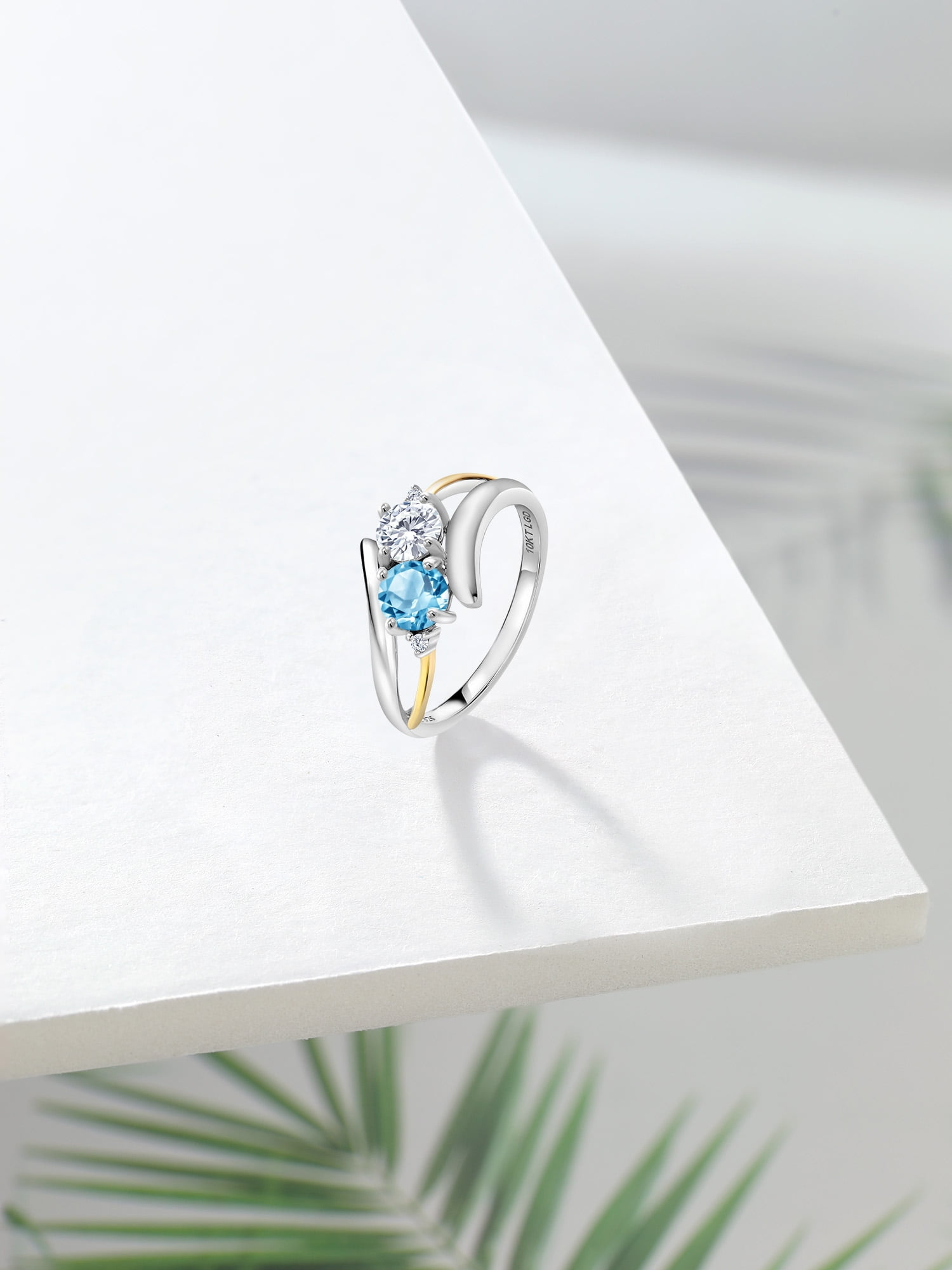 1.17 Ct G/H Lab Grown Diamond Swiss Blue Topaz 925 Silver and 10K Yellow  Gold Lab Grown Diamond Two Stone Crossover Ring