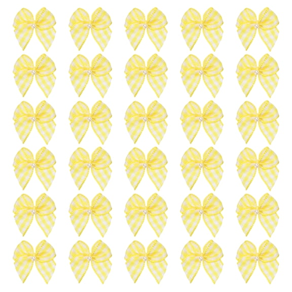 Uxcell 50 Pcs Mini Yellow White Ribbon Bows with Pearl 1" Ribbon Flowers Appliques for Crafts DIY Hair Bows Sewing Wedding Party Christmas Decoration