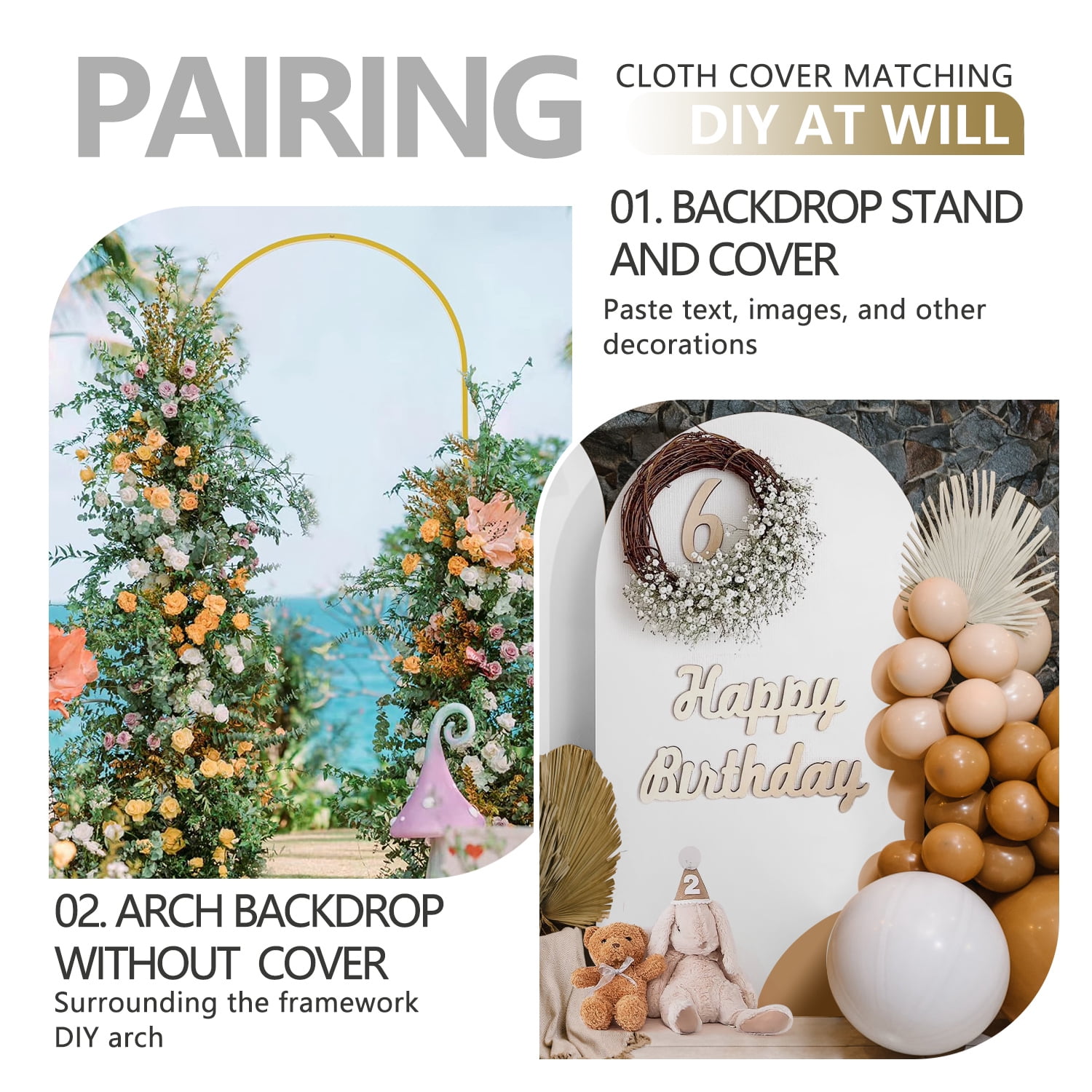 Sunifier Arch Backdrop Stand and Cover Set, 2 Metal Balloon Arch Backdrop 7.2ft 6ft, Gold Arched Stand Frame for Wedding, Parties,Birthday,Decorations (White,7.2ft+6ft)