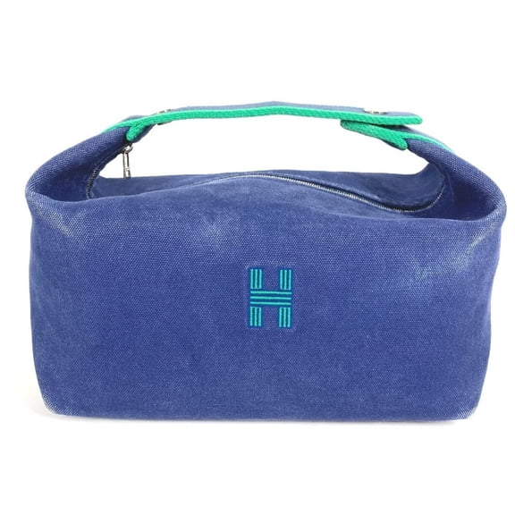 Pre-Owned HERMES Brid a Black GM Pouch Vanity Bag with H Logo, Cotton, Women's, Blue