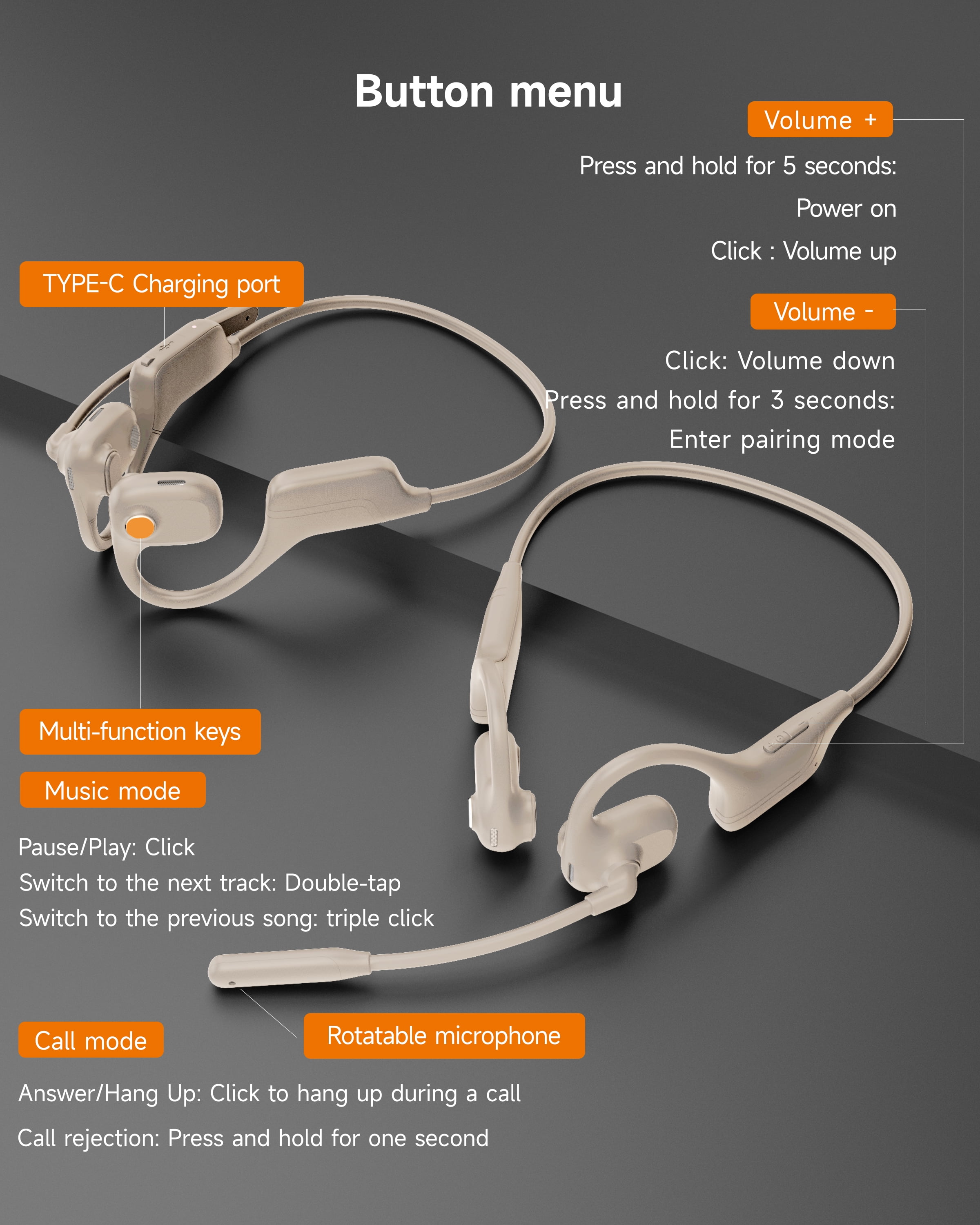 LOBKIN Bone Conduction Headphones with Mic, Open Ear Wireless Headset with Boom Mic, Bluetooth Noise Canceling Headphones for Home Office, Driving, Traveling, Workouts, Beige