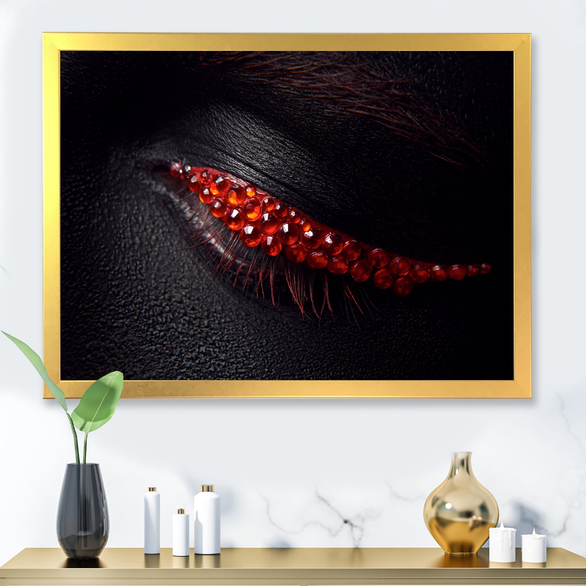 Designart 'Beautiful Black Skin Female Eye With Red Diamonds' Modern Framed Art Print